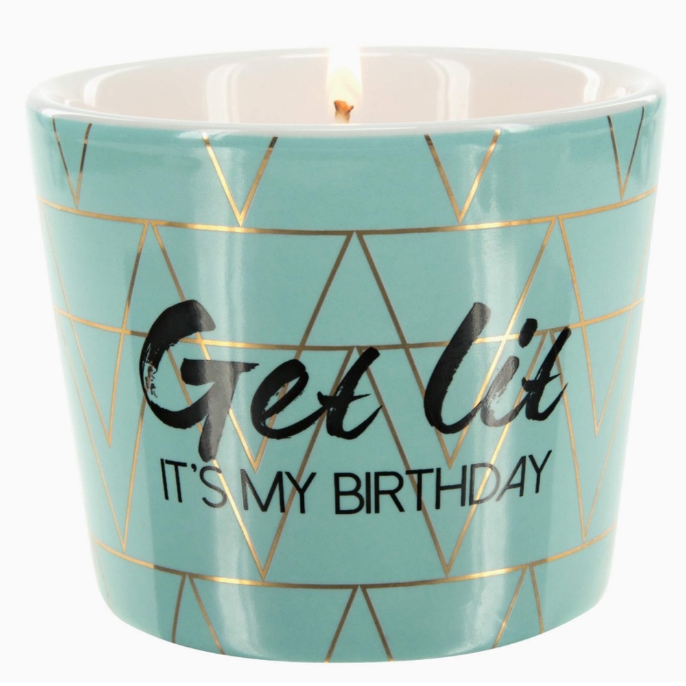 “Get Lit” it’s my birthday! 8oz soy candle in porcelain, tranquility scent